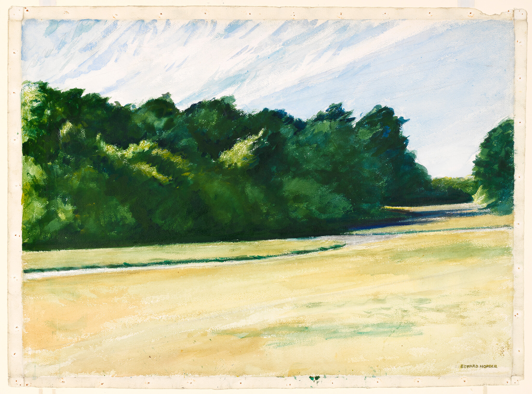 A wide sunlit field with a dense green treeline under a pale blue sky.