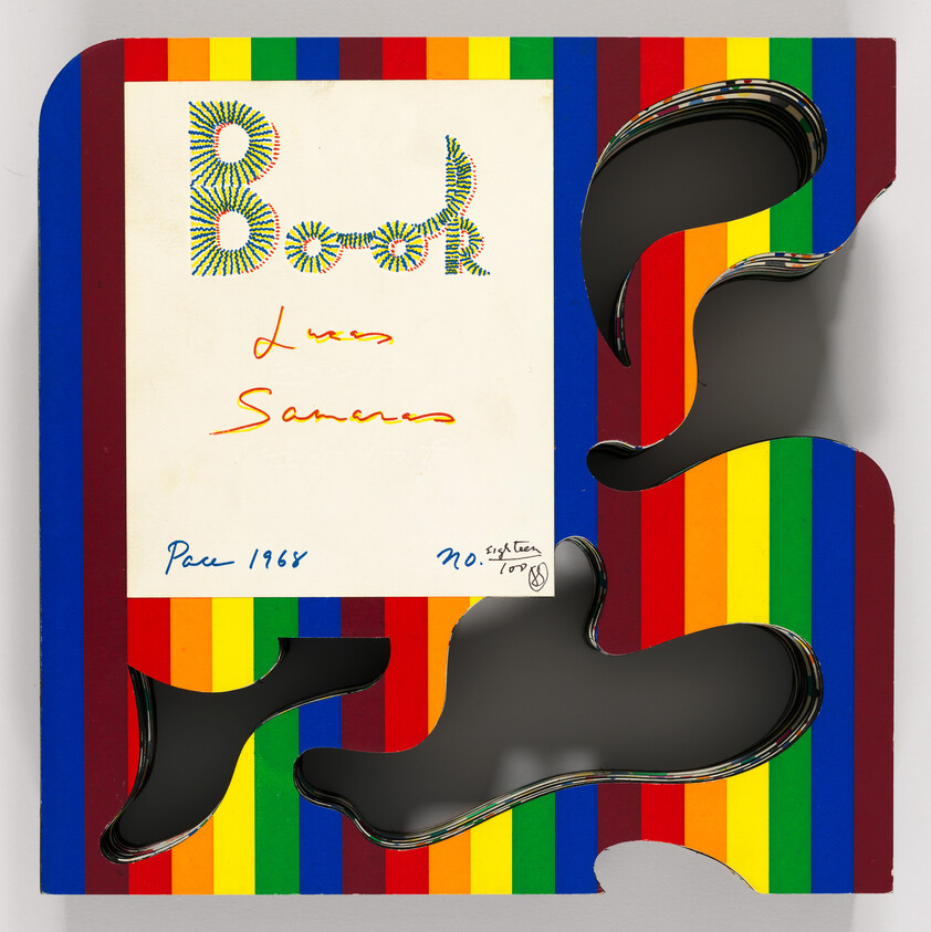 Colorful striped artwork with organic cutouts and handwritten "Pace 1968" note.