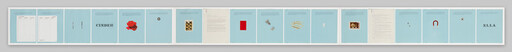 Row of open book pages and covers showing small objects and text on pale blue backgrounds.