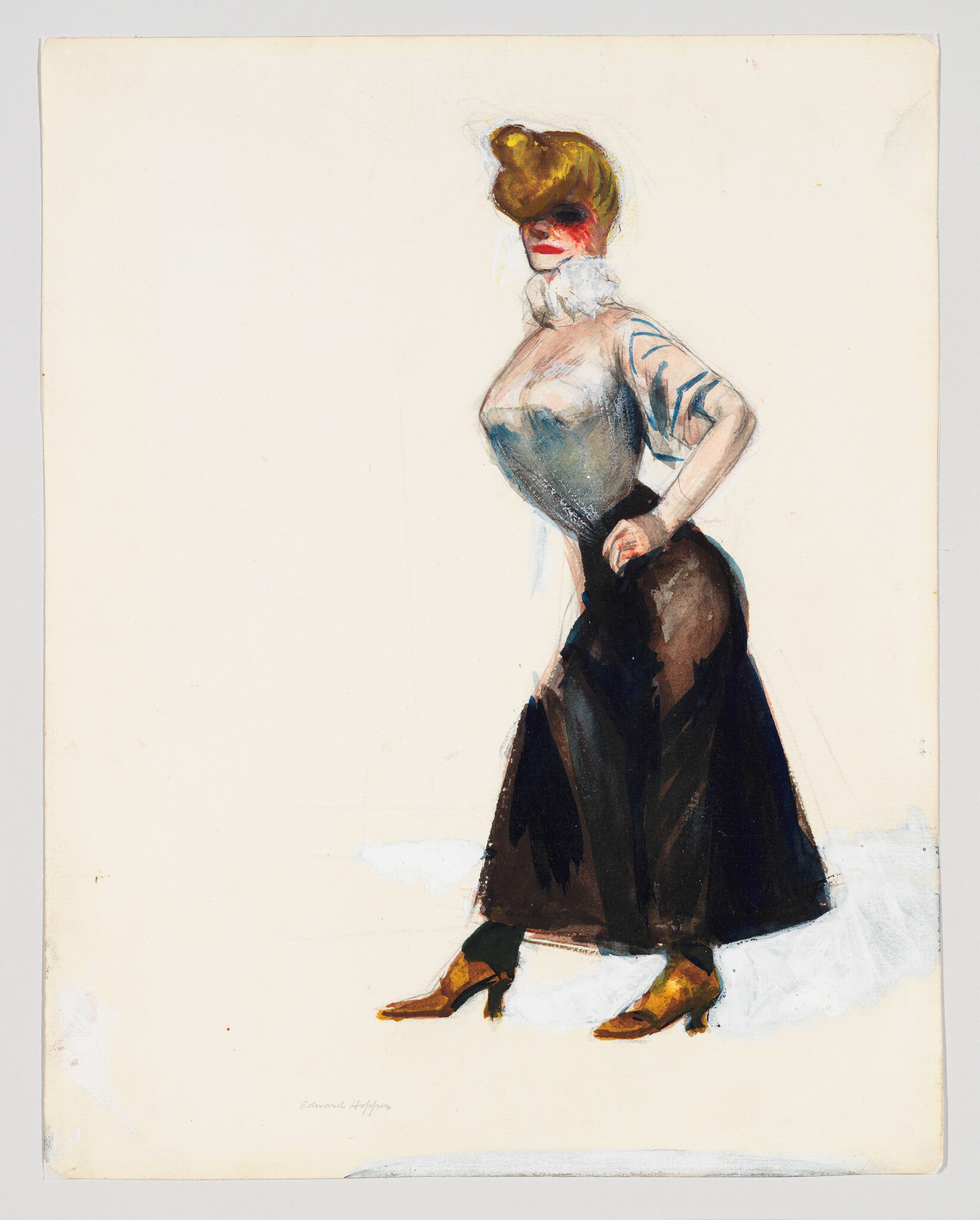 Woman in vintage outfit stands with hands on hips wearing a long dark skirt and yellow shoes.