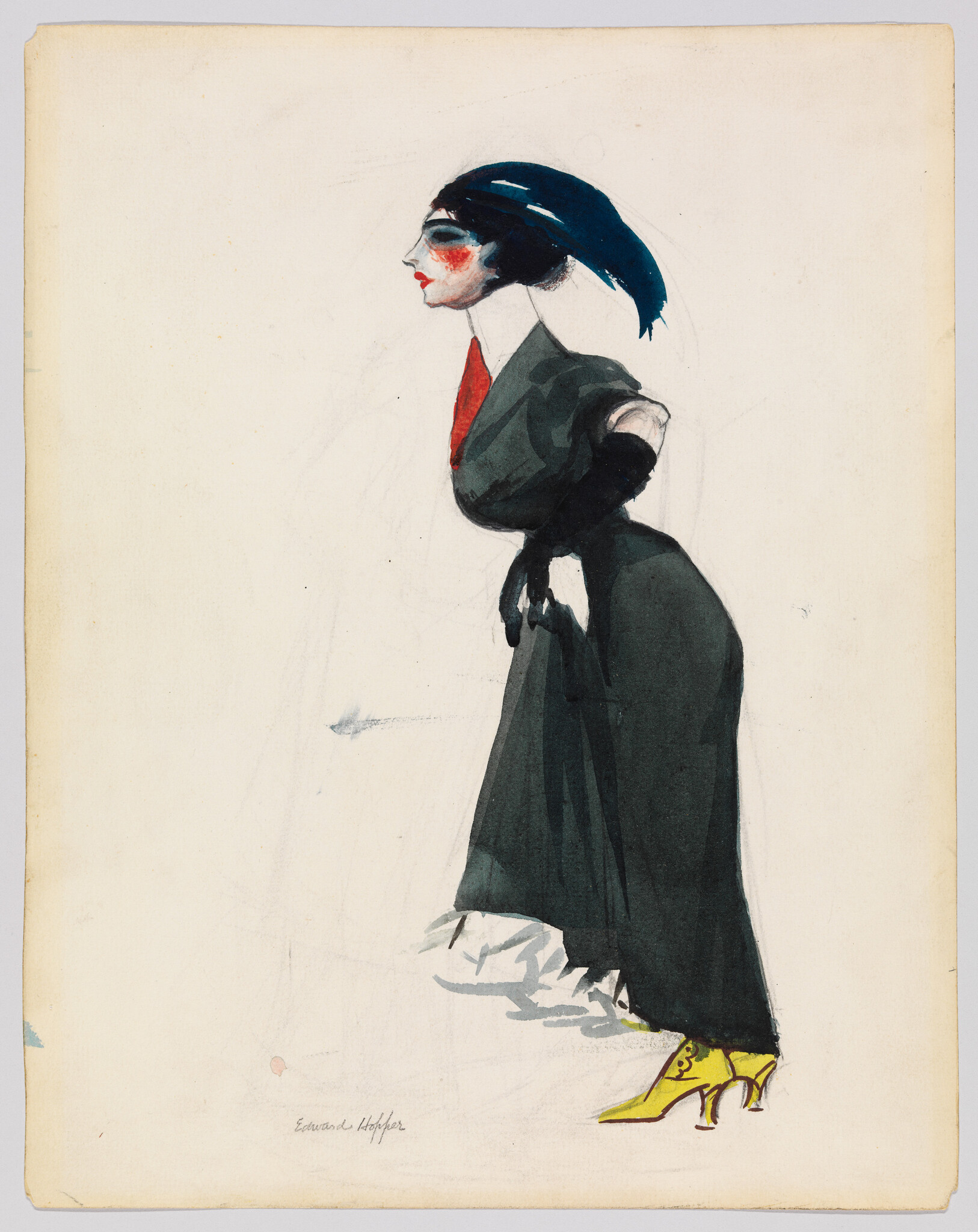 A stylish woman in a long dark dress and blue hat leaning forward with hands behind her.