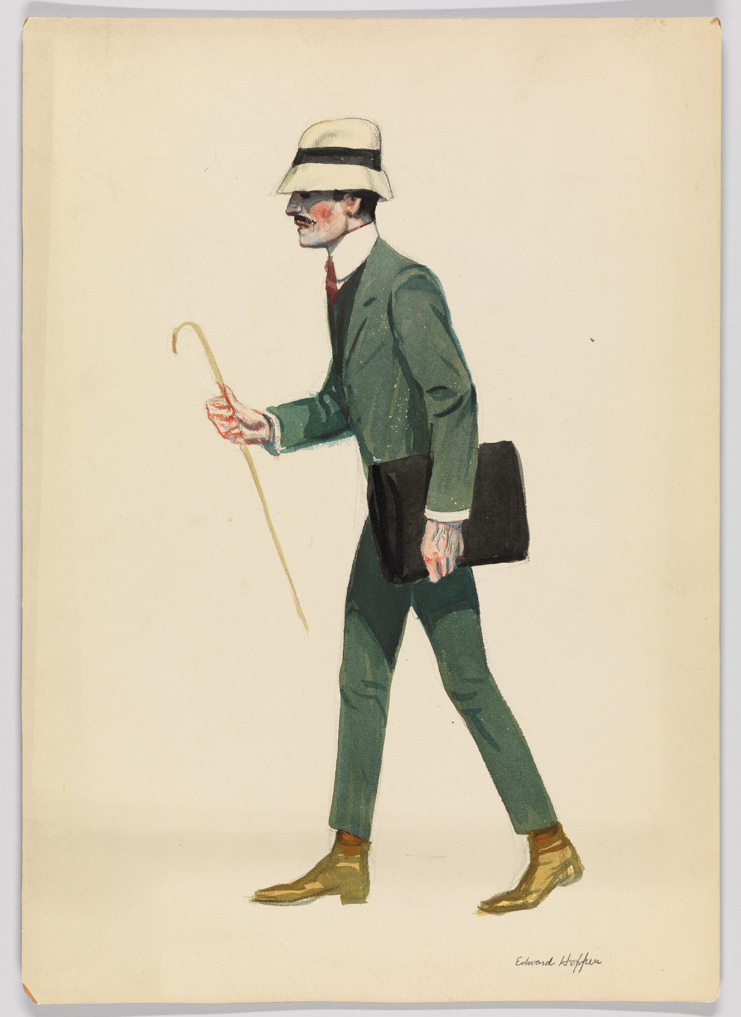 A man in a green suit walks with a cane and black briefcase, wearing a hat.