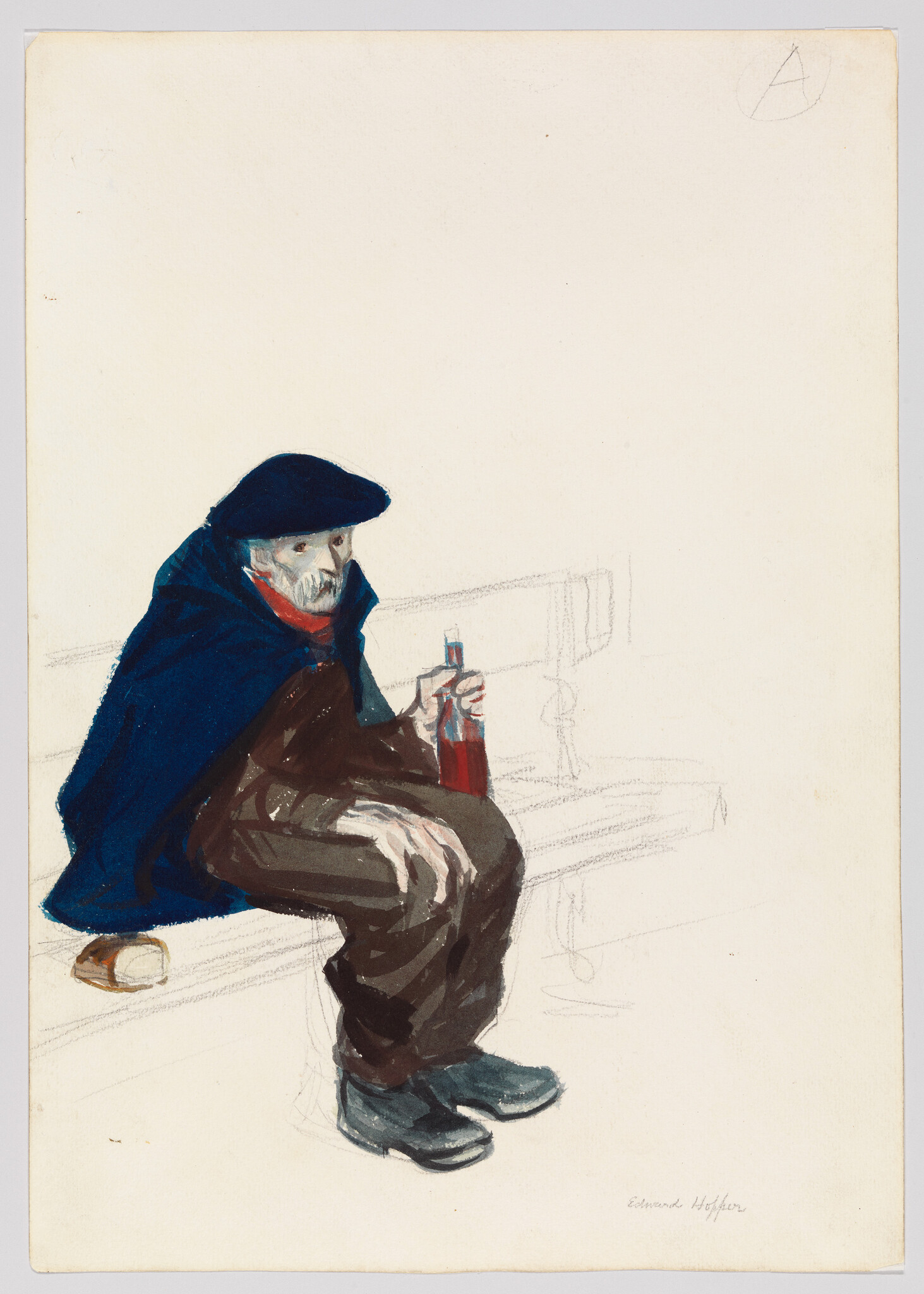 An elderly man in a dark cape and beret sits on a bench holding a bottle.