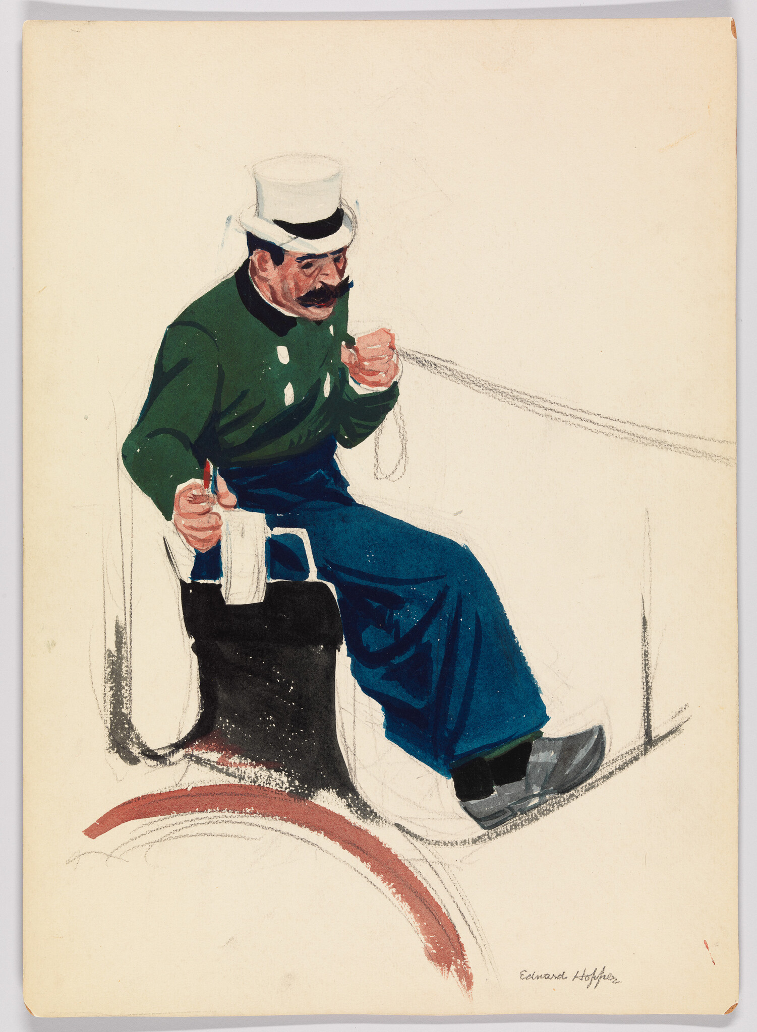 A mustached man in a top hat sits on a barrel holding a mug and pulling a rope.