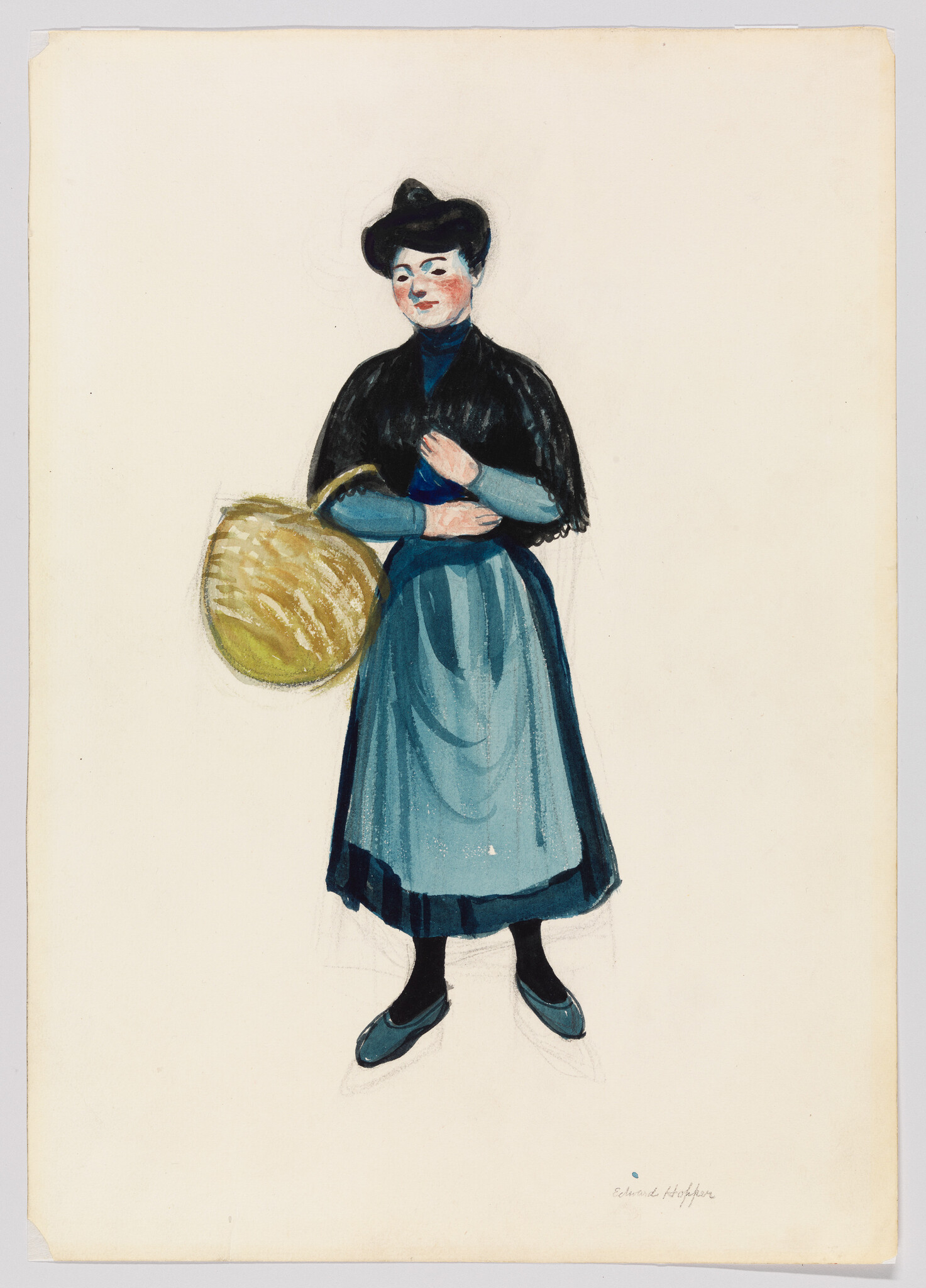 A woman in a blue dress and black shawl stands holding a large woven basket.