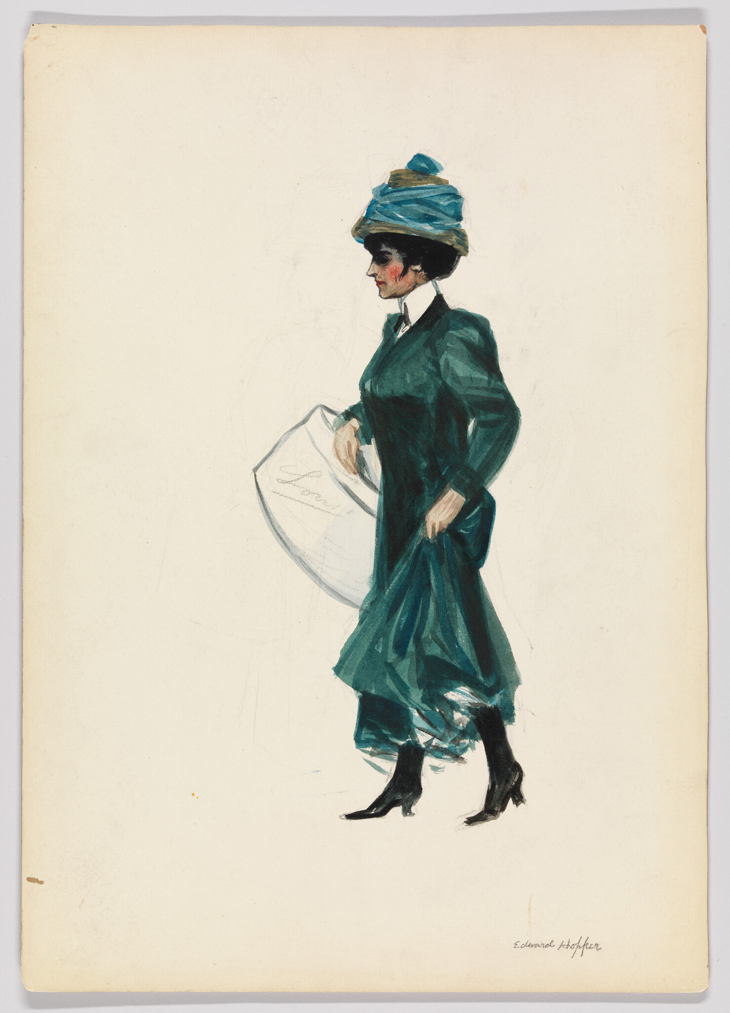A woman in a teal dress and hat walks forward while lifting her skirt and carrying a white bag.