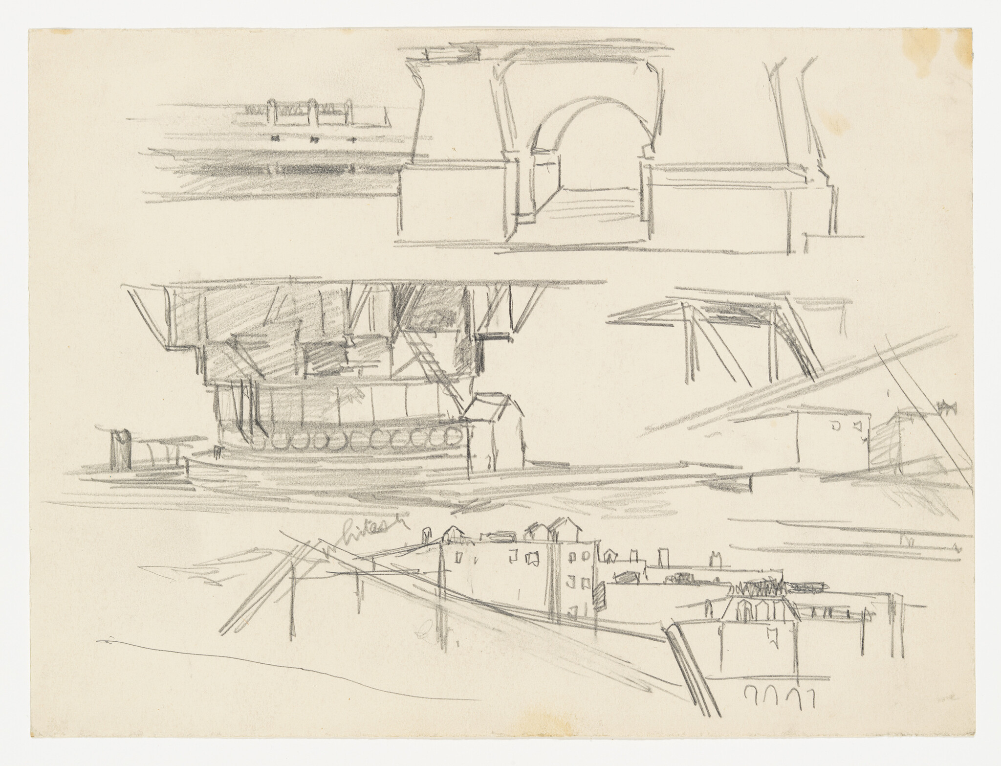 Sketches of various architectural structures and elements on a beige paper, including a bridge, buildings, and archways, drawn with pencil in a rough, expressive style.