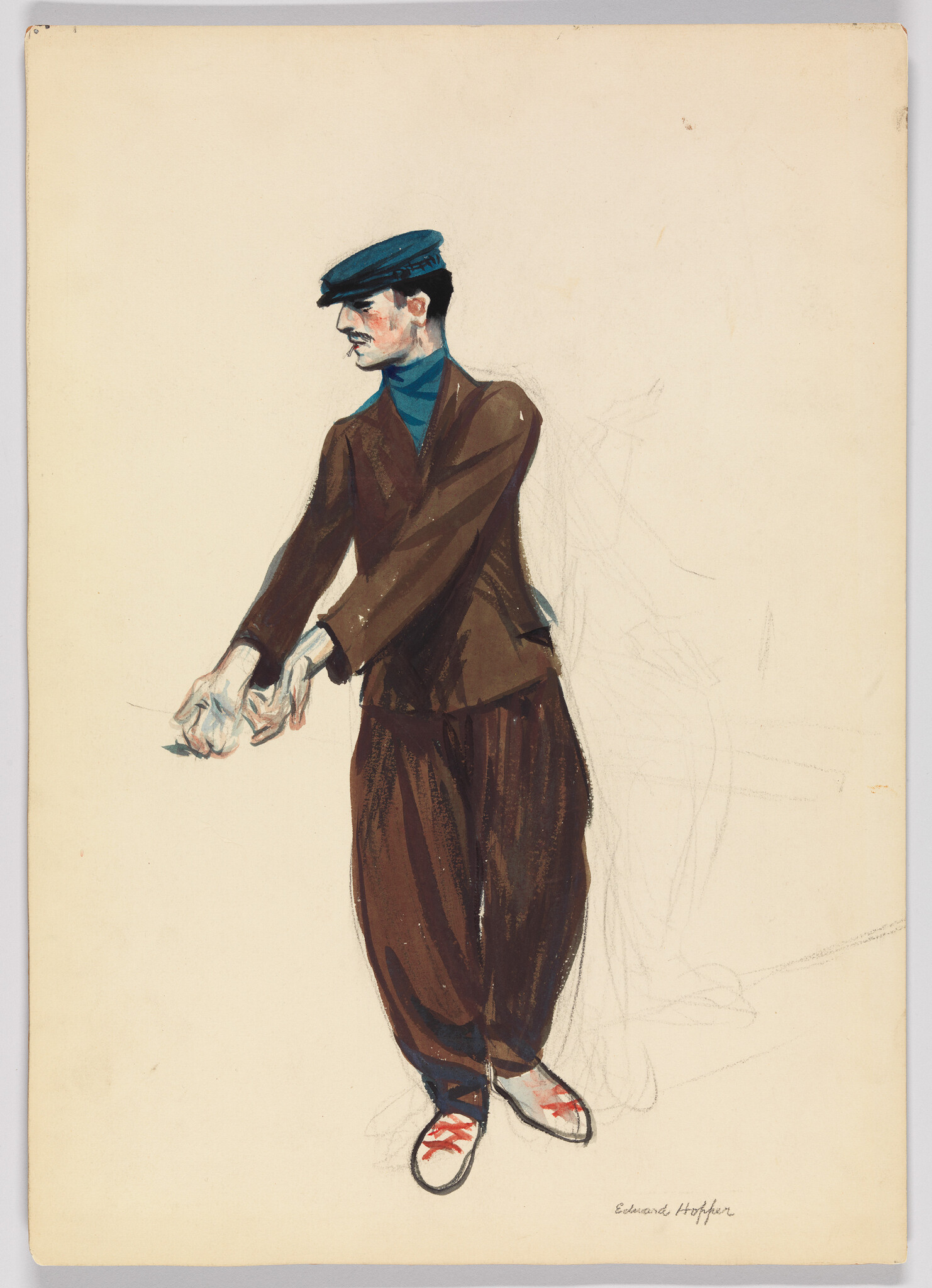 A man in a cap and brown suit holds out his gloved hands as if offering something.