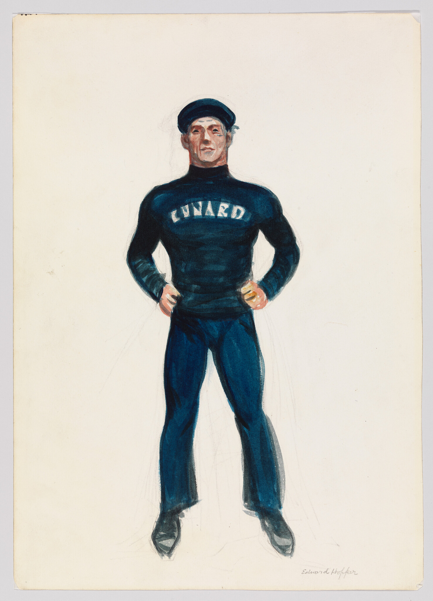 A standing sailor wearing a dark Cunard sweater and cap with hands on his hips.