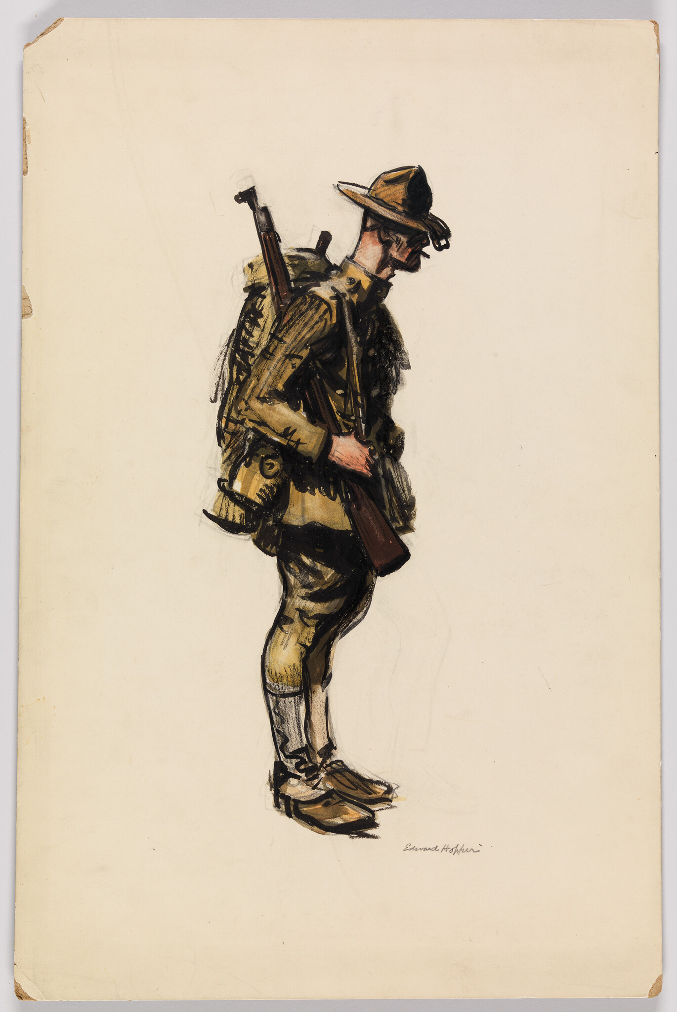 A tired soldier in World War I uniform stands in profile carrying a rifle and backpack.