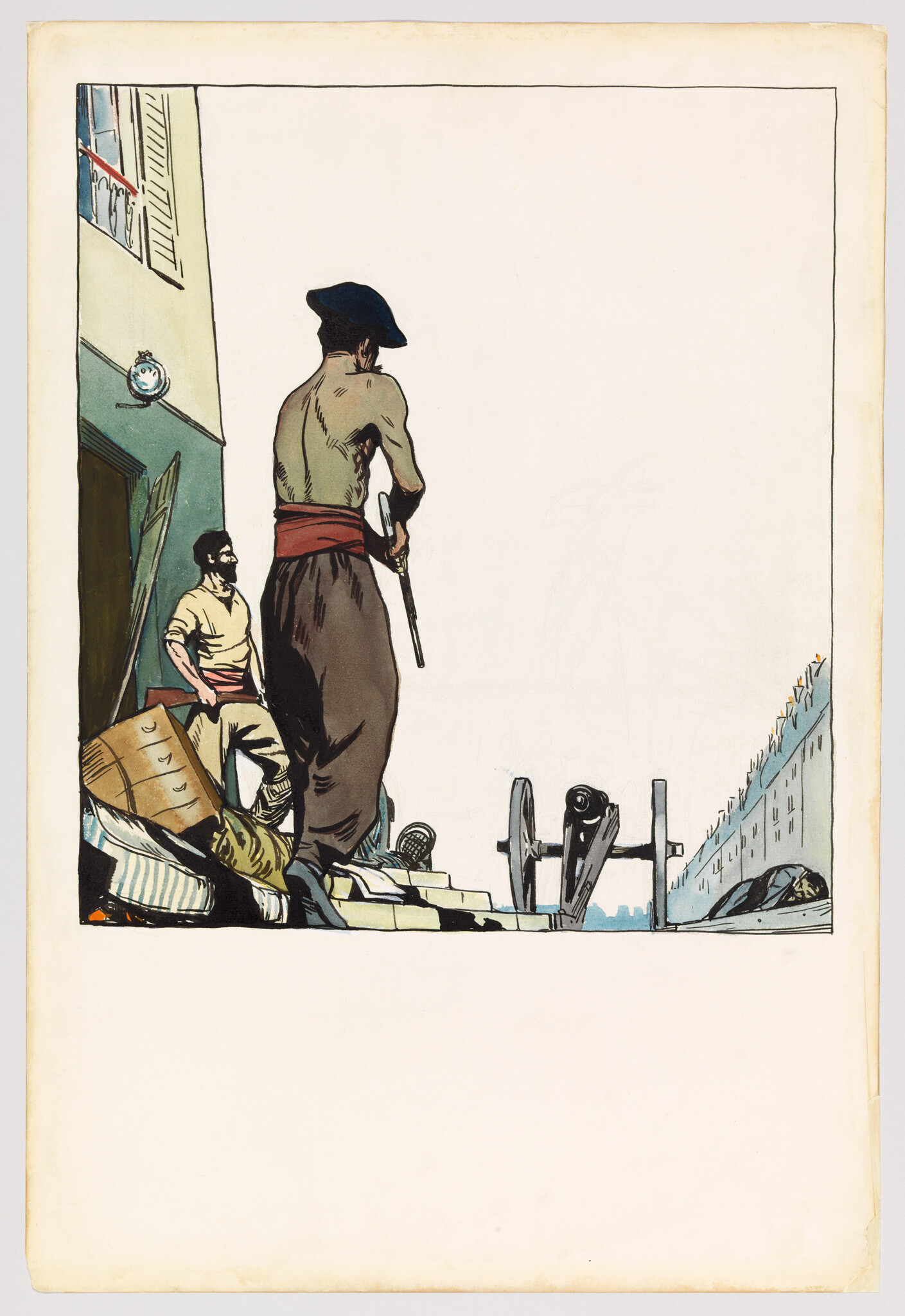 Shirtless sailor holding a pistol stands on a dock beside a cannon while another man watches.