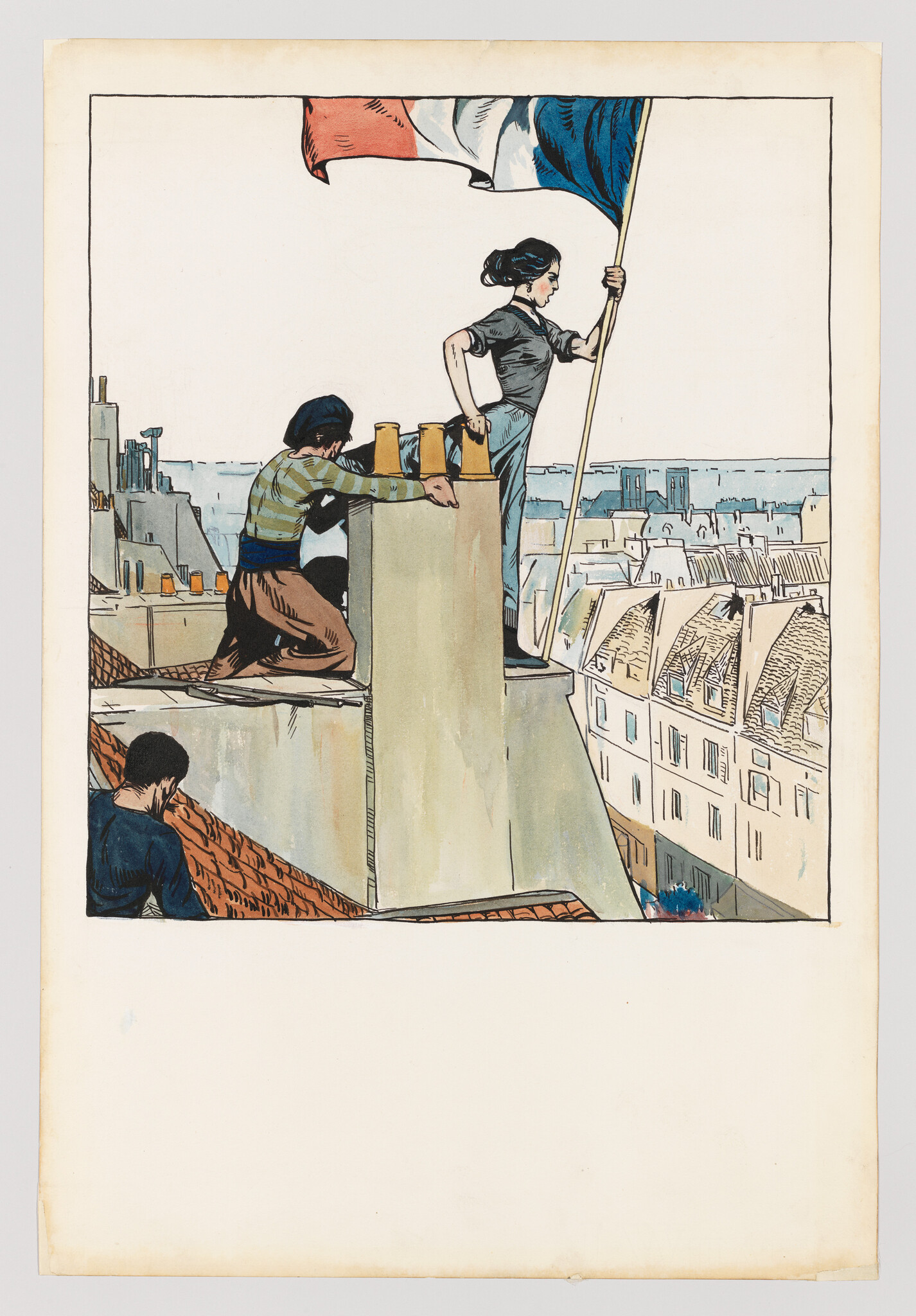 A young woman stands on a Paris rooftop holding a large tricolor flag while others watch.