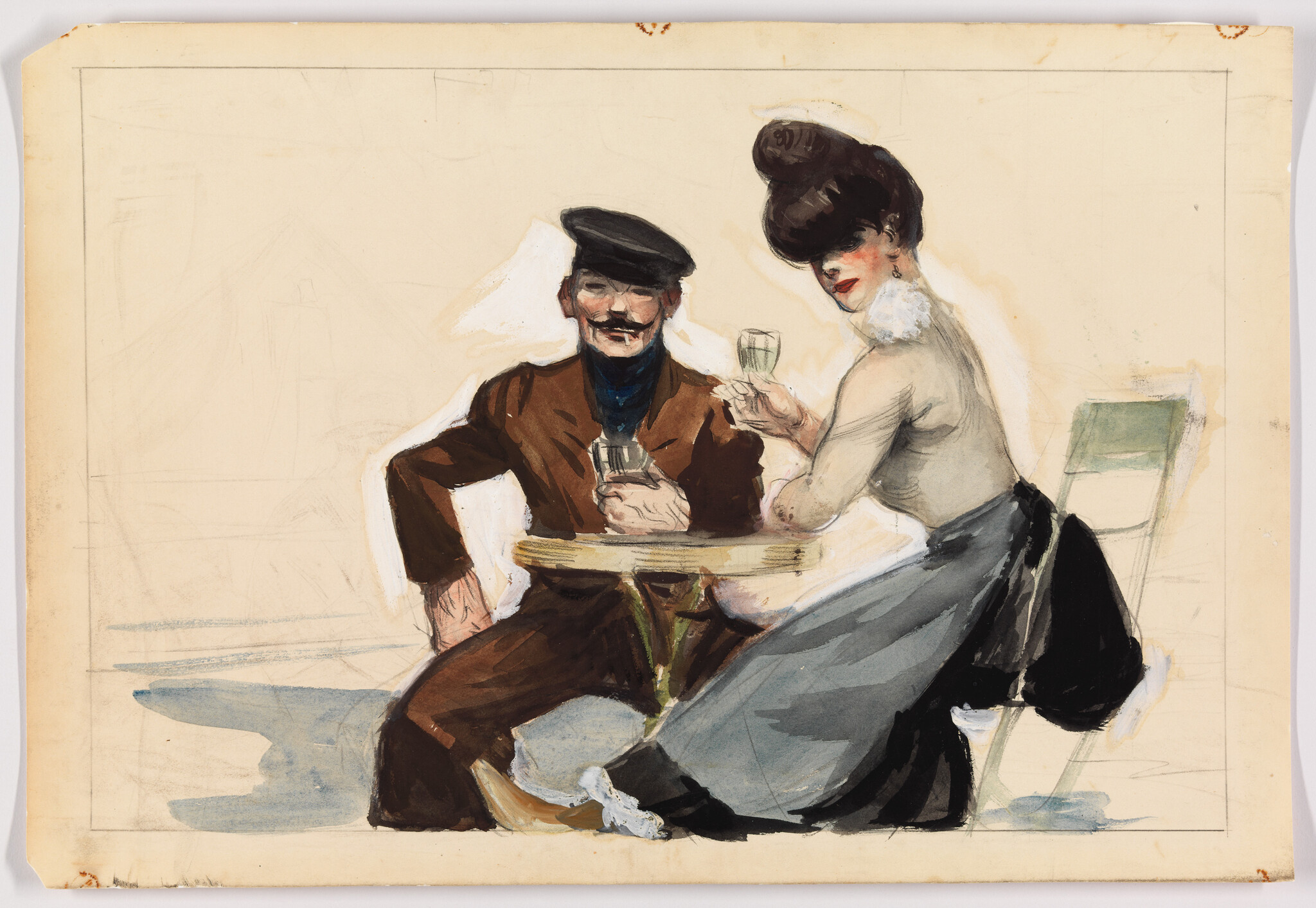 A man and a woman sit at a small table, smiling and toasting with wine glasses.