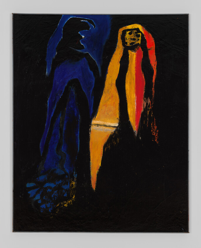 Two abstract human-like figures, one in blue and one in yellow and red, stand against a dark background.