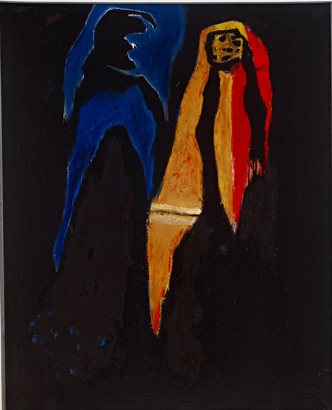 Abstract painting with two figures: one in blue on the left and one in red and yellow on the right, set against a dark background.