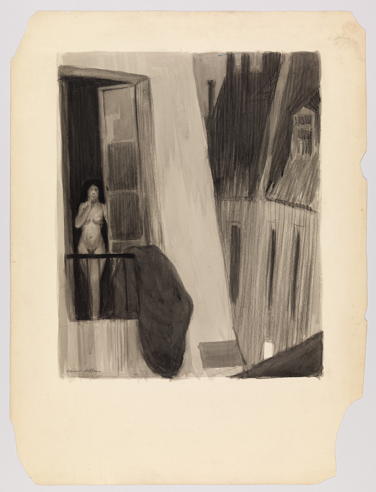 A naked woman stands on a narrow balcony at an open window, holding her hand to her mouth.