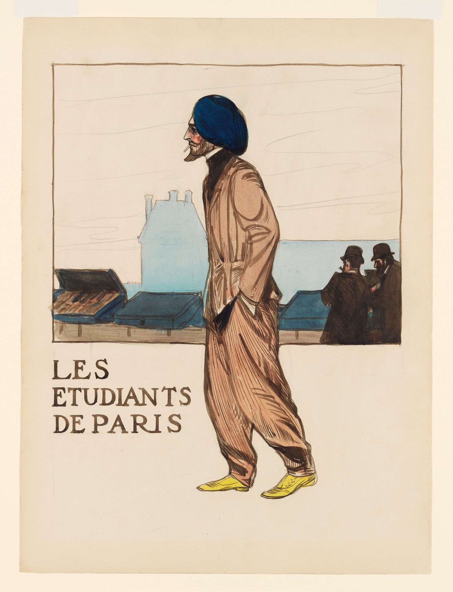 A robed student with a blue turban walks past rooftops next to "LES ETUDIANTS DE PARIS".