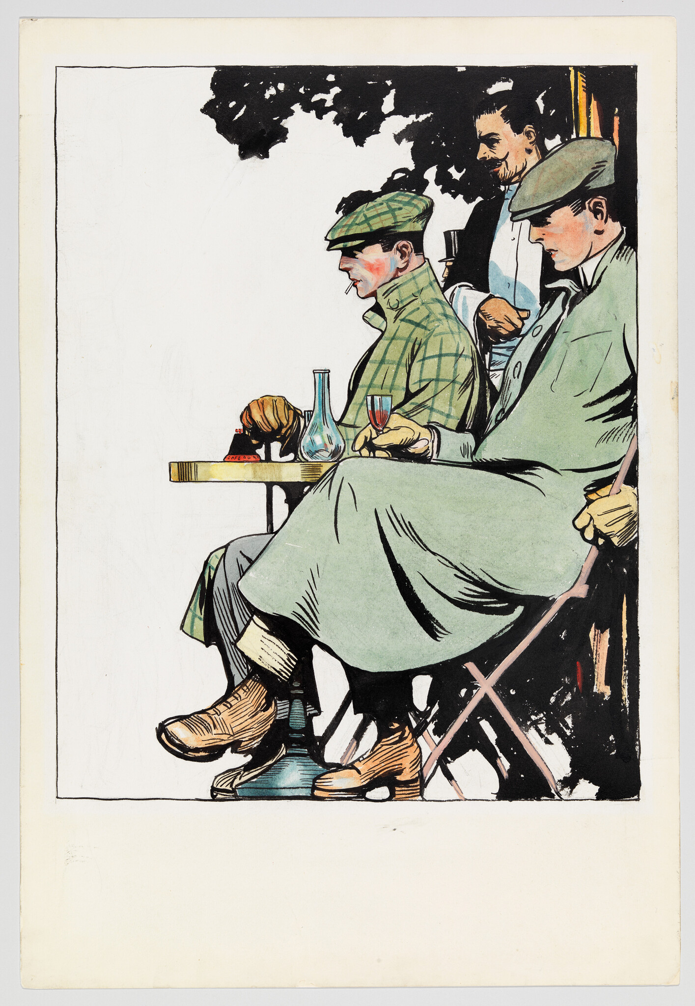 Three men in caps and coats sit at a small café table drinking wine.