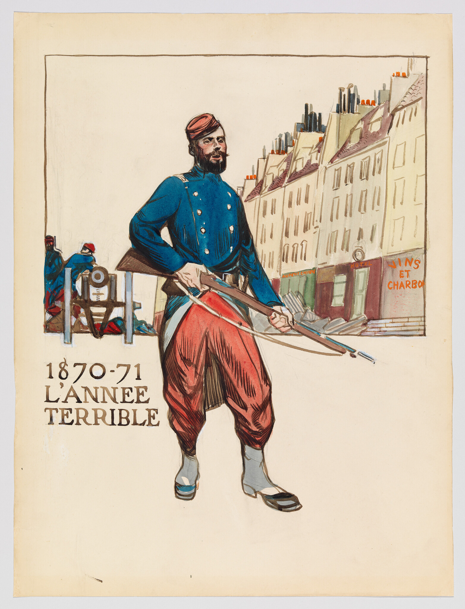 A French soldier in blue coat and red pants stands with a rifle, titled 1870–71 L'année terrible.