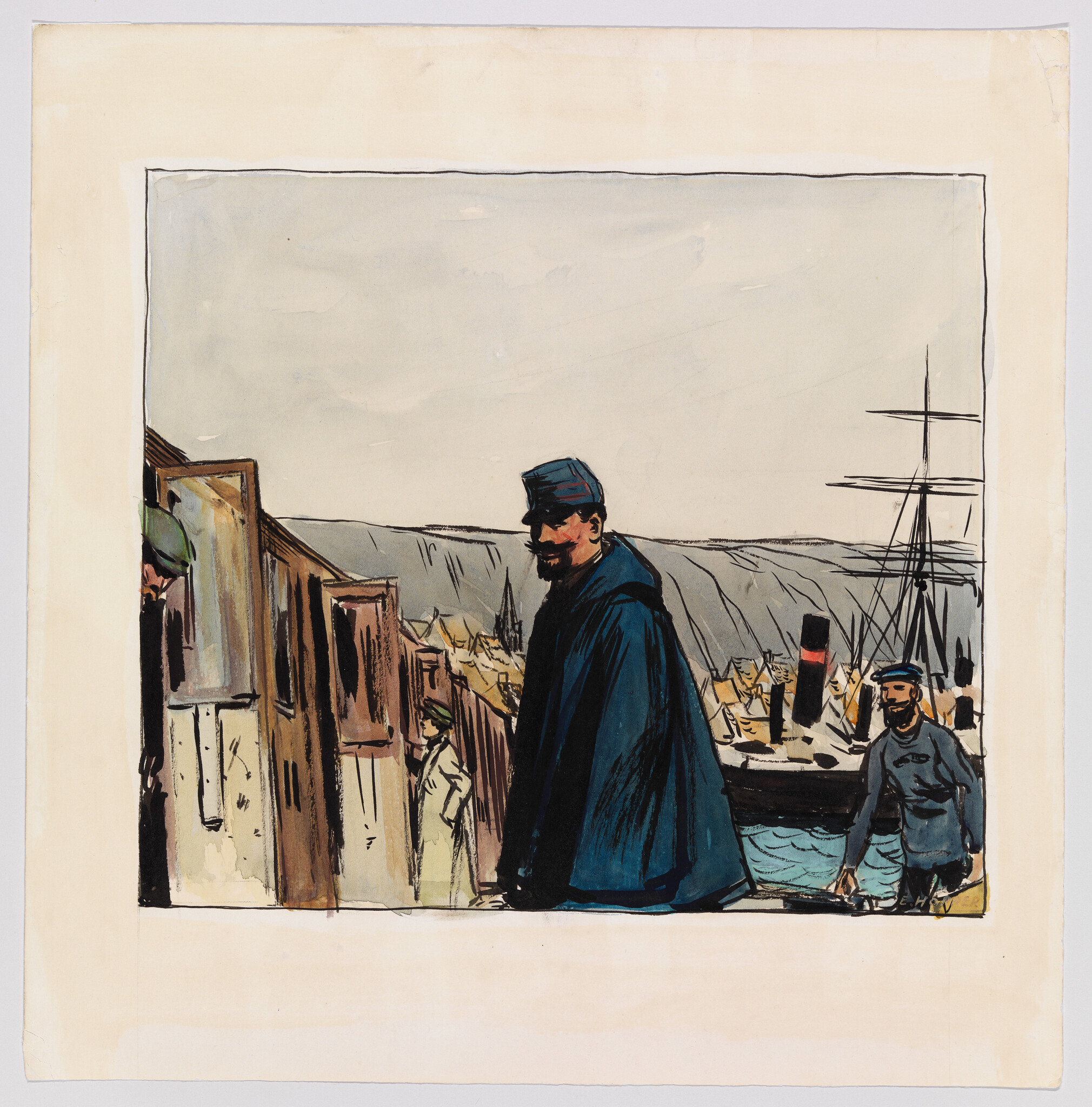 A man in a dark blue coat stands on a dock with sailors and a steamship behind him.