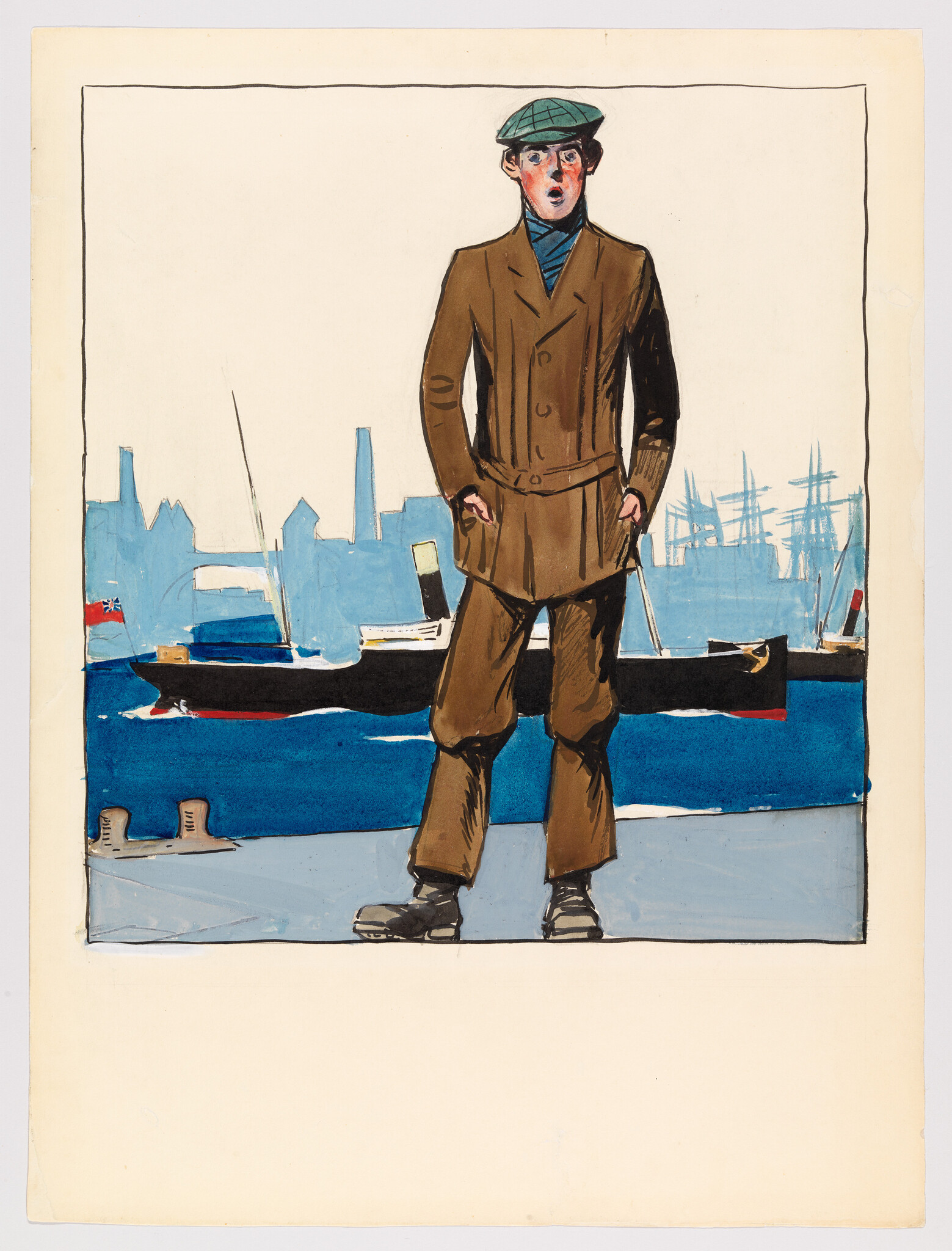 A young dockworker in a brown coat and cap stands surprised on a harbor pier.