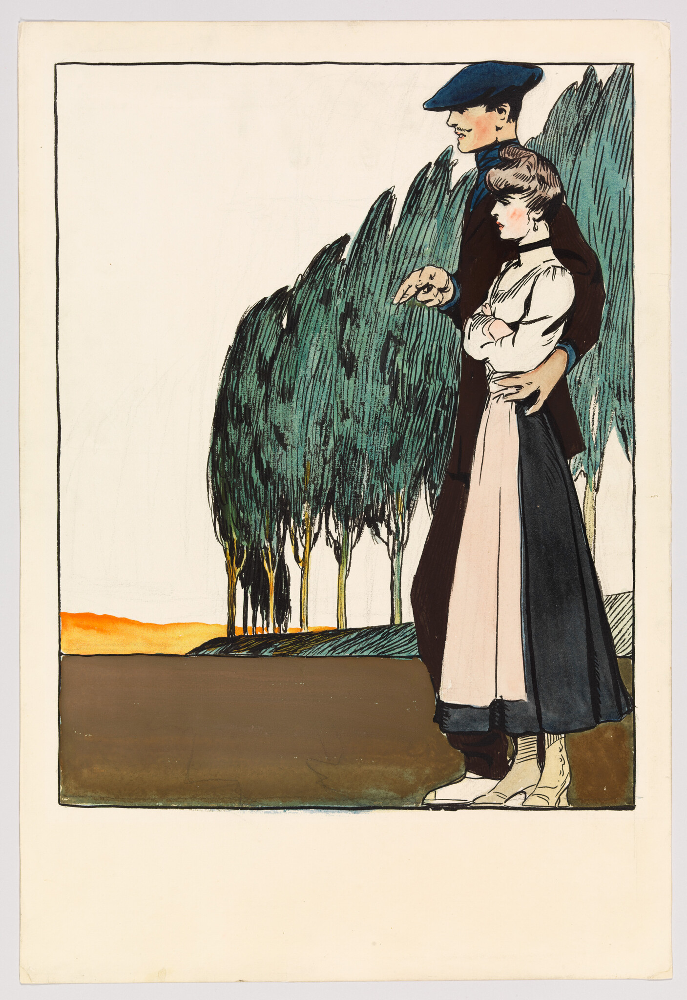 A man points toward the distant sunset while holding a woman as they stand by trees.