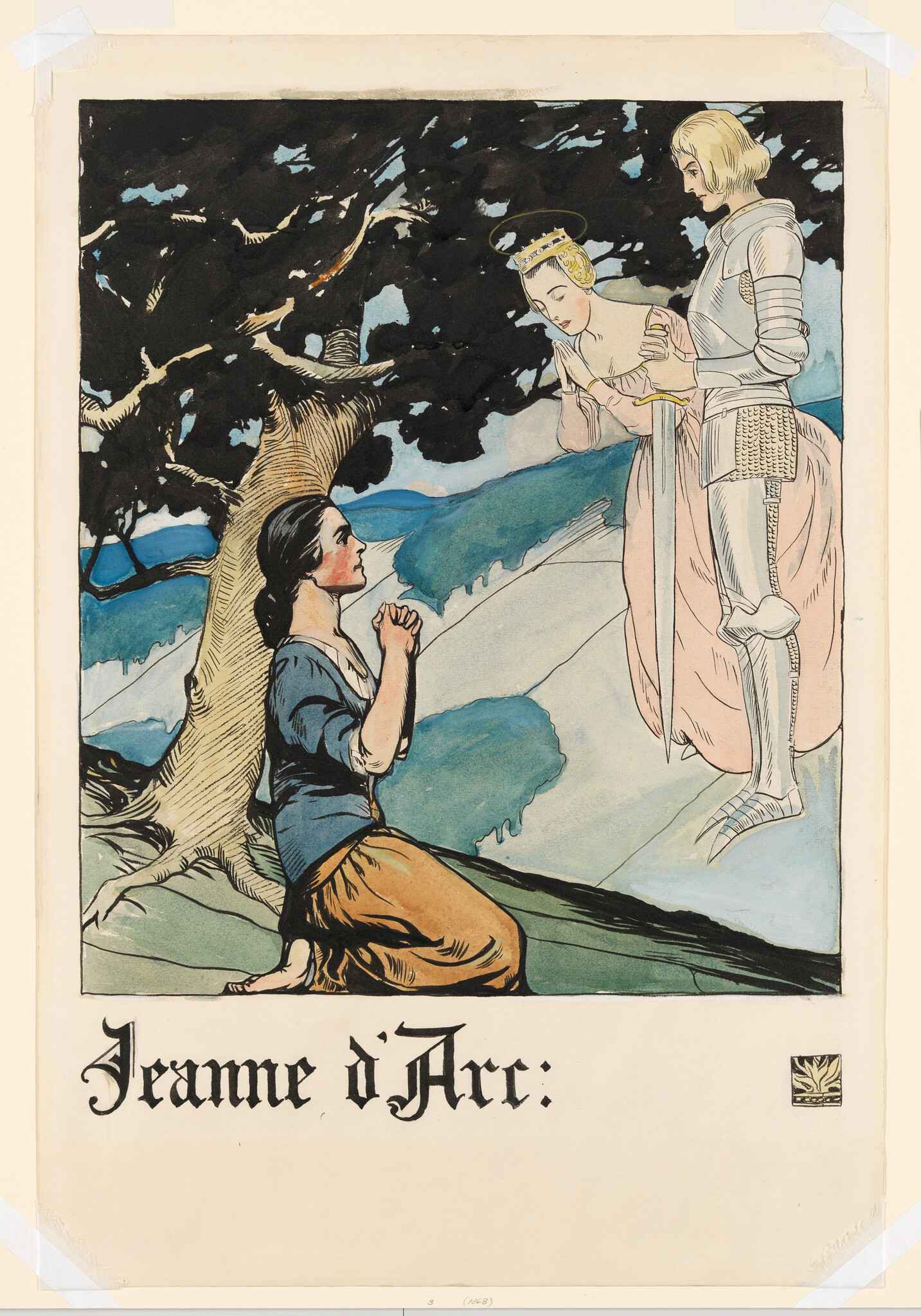 A kneeling peasant woman prays beneath a tree as a crowned lady and armored knight appear above.