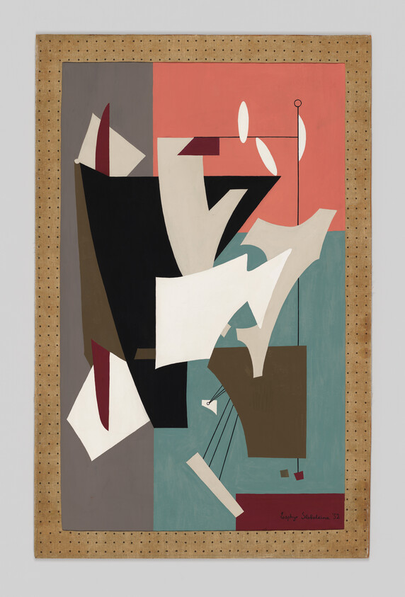 Abstract painting with overlapping geometric shapes in black, white, brown, and red on a divided colored background.