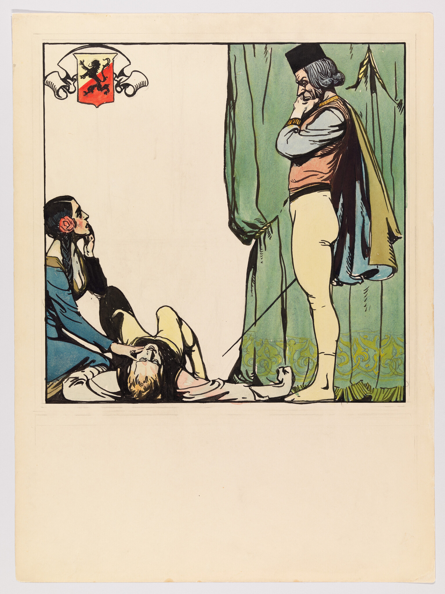 A stern man stands before a curtain while two distressed women crouch and tend to an unconscious person.