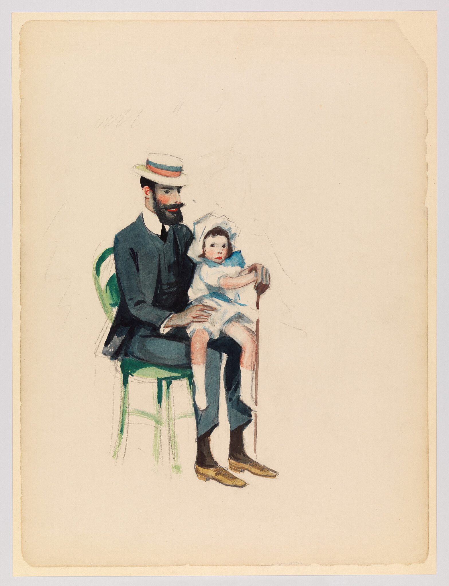 A bearded man in a straw hat sits on a green chair holding a child in a bonnet.