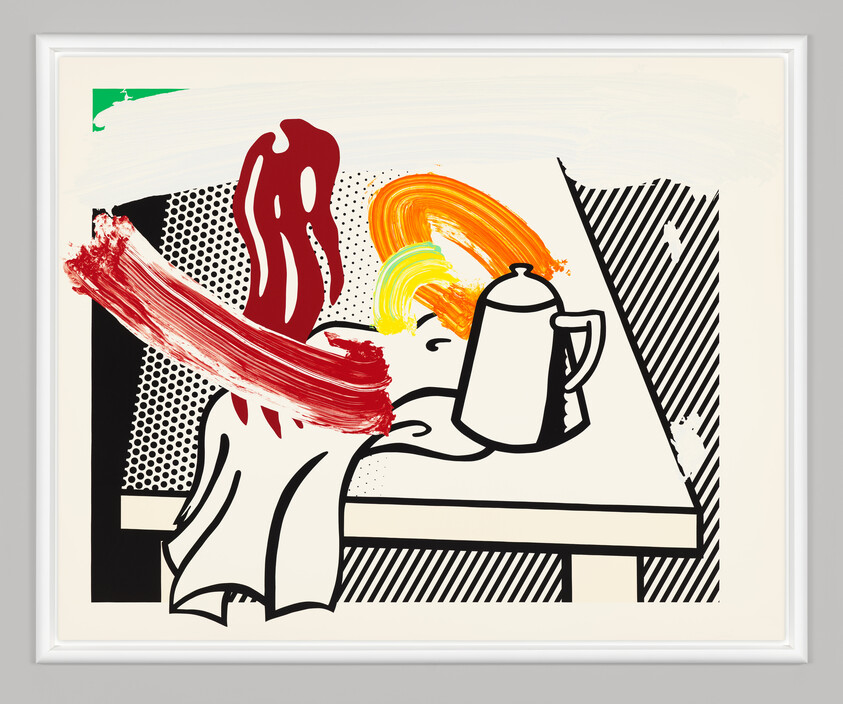 Stylized still life with a teapot on a table and bold colorful paint strokes across it.