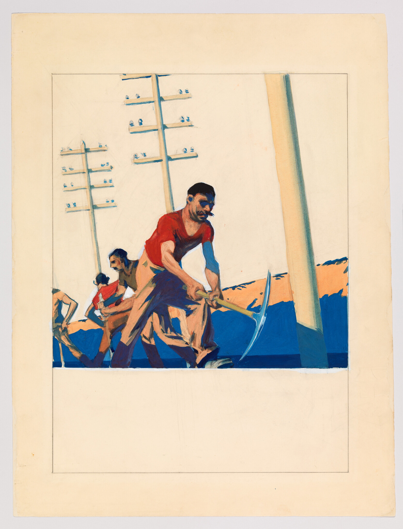 Three workers swinging pickaxes near telephone poles against a distant mountain.