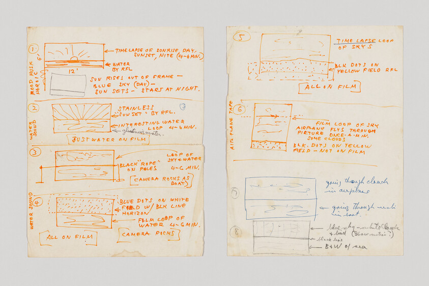 Two handwritten pages with diagrams and notes describing time-lapse film scenes of water, sky, and airplanes.