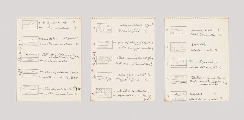 Three spiral-bound notebook pages with handwritten notes and small rectangular thumbnail sketches across the pages.