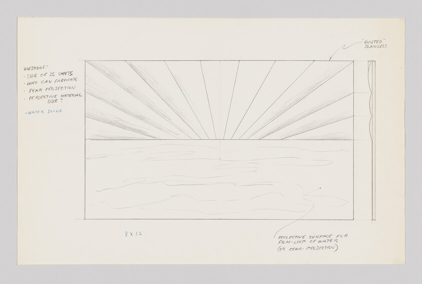 Pencil sketch of a rectangular panel with sun rays above water, labeled notes about materials and water sound.