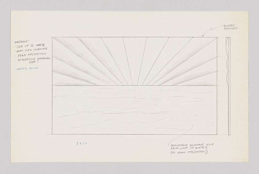 Pencil sketch showing sunburst rays over a calm water surface with handwritten design notes.