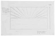 A pencil sketch of a horizon with radiating lines, resembling a sunrise. Handwritten notes and measurements are visible on the sides.