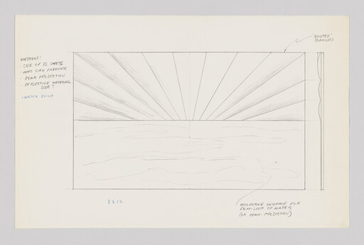 Pencil sketch showing sunburst rays over a calm water surface with handwritten design notes.