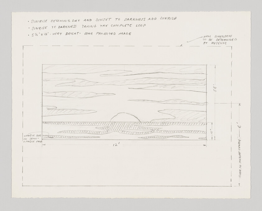 Hand-drawn sketch of a sunrise and sunset scene with notes about projection, dimensions, and a looping day-night cycle.