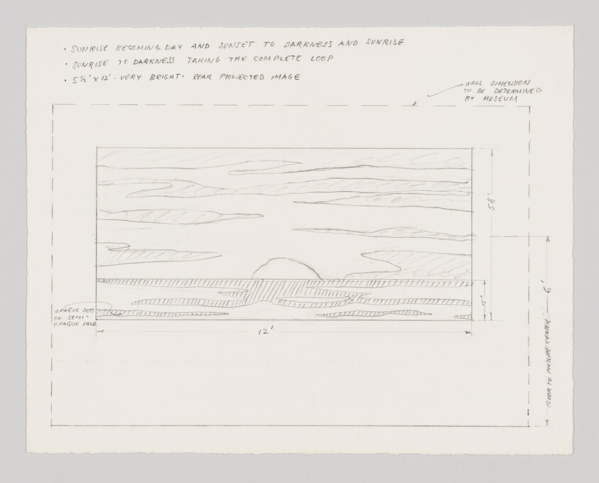 Hand-drawn sketch of a sunrise and sunset scene with notes about projection, dimensions, and a looping day-night cycle.