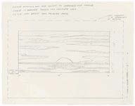 A pencil sketch of a landscape with a dome structure in the center, surrounded by lines representing clouds and terrain, with handwritten notes.