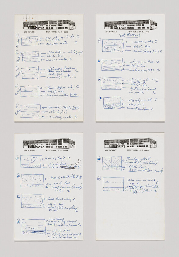 Four sheets of paper with hand-drawn diagrams and handwritten notes, each labeled with numbers and short descriptions.