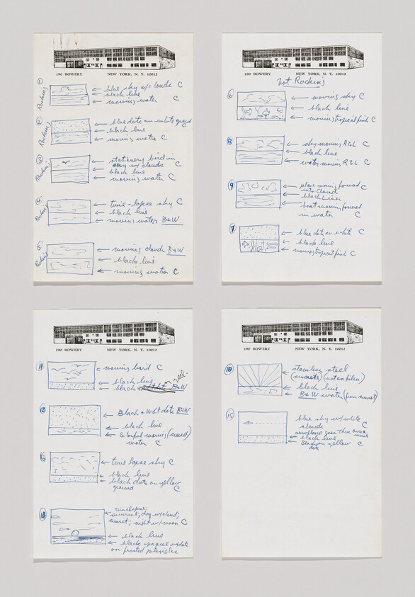 Four handwritten storyboard pages with blue-pen sketches and notes beneath a printed building header.