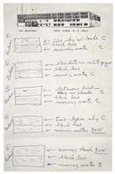 Hand-drawn sketches of a building with notes detailing various design elements and measurements, including windows and doors.