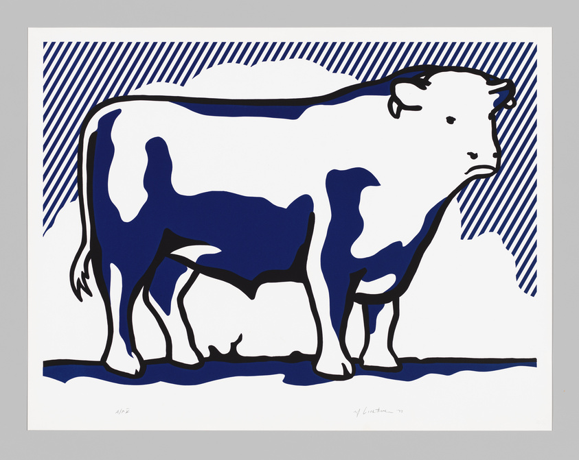 A stylized blue and white cow illustration with bold outlines and diagonal striped background.