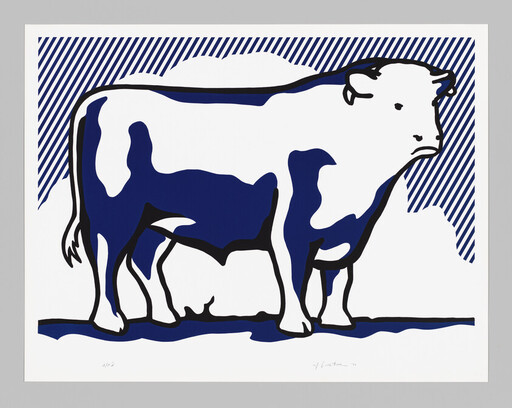 A stylized blue-and-white cow stands against a striped sky background.