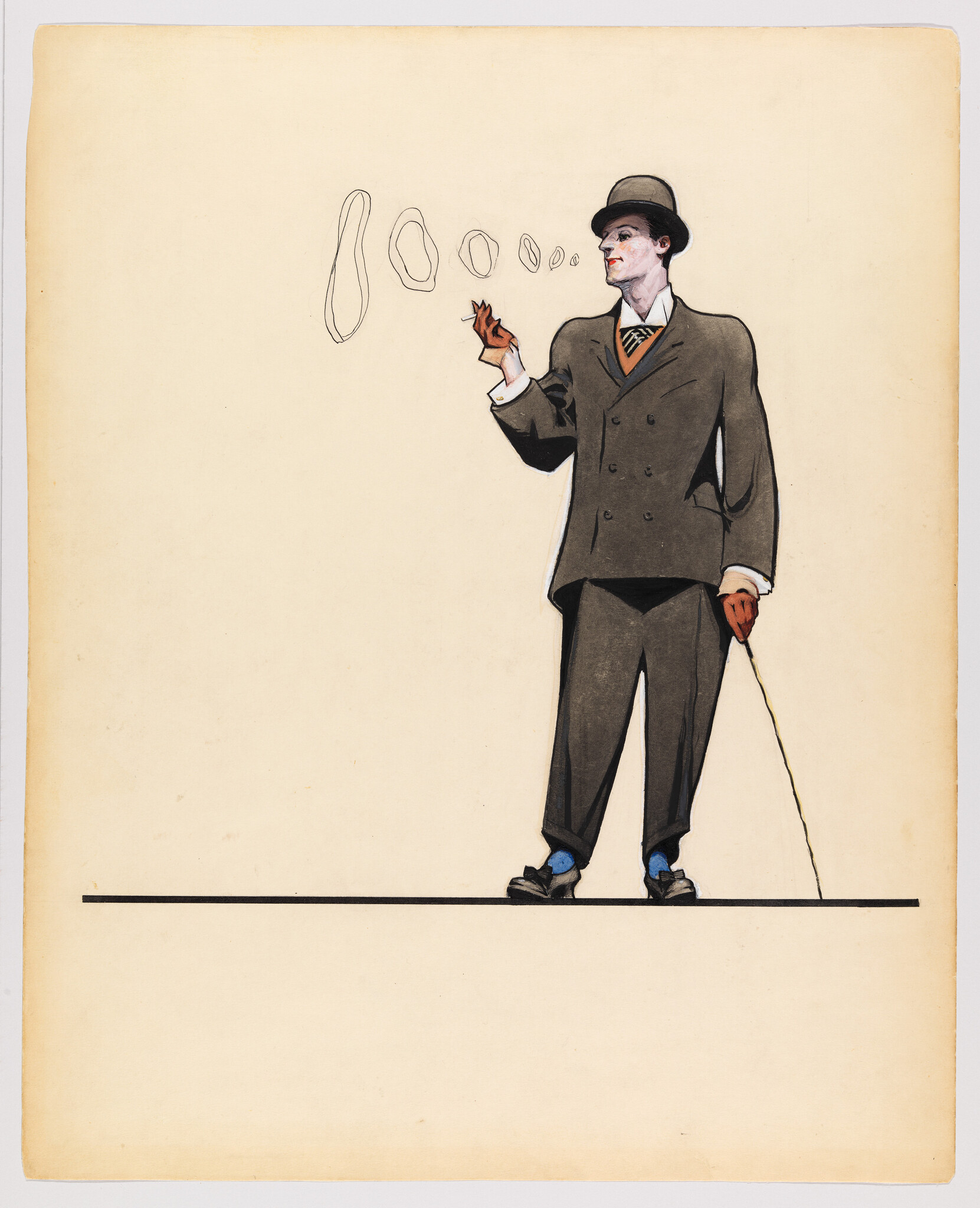 Illustration of a man in a vintage suit and bowler hat, standing with a cane and blowing smoke rings, with the largest ring being incomplete and floating above his head. The background is plain and the image has an aged, yellowish tint.