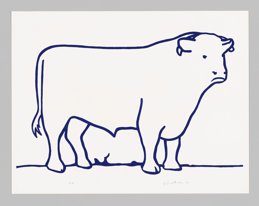 A simple blue line drawing of a standing cow facing right on a white background.