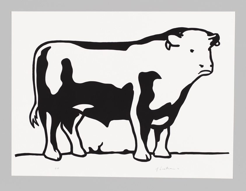 Black and white illustration of a cow with bold, abstract shapes, set against a plain background.