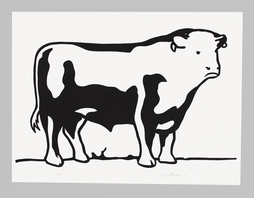 A bold black-and-white stylized cow standing facing right on a plain background.